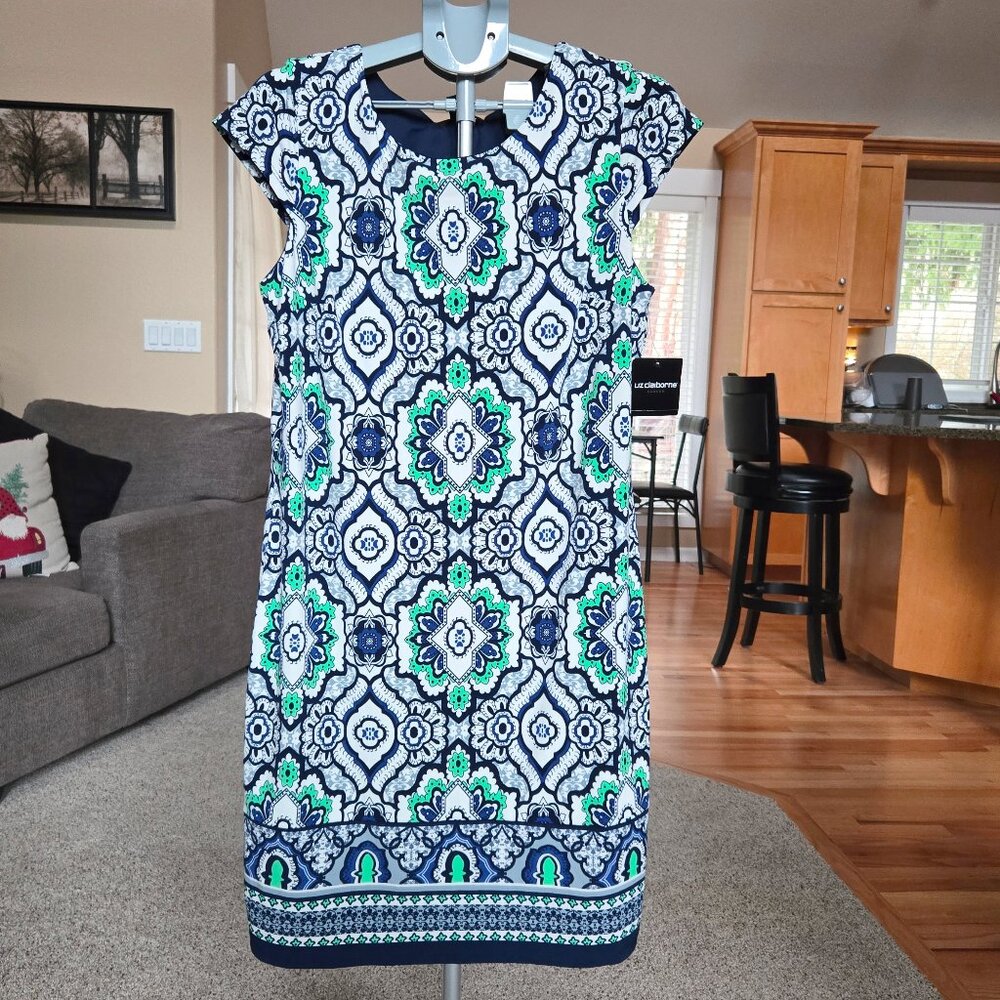 NWT Liz Claiborne sz Large cap sleeve patterned dress blue / white / mint green - Picture 2 of 5